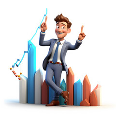 businessman sitting on a bar graph 3d cartoon on a white background