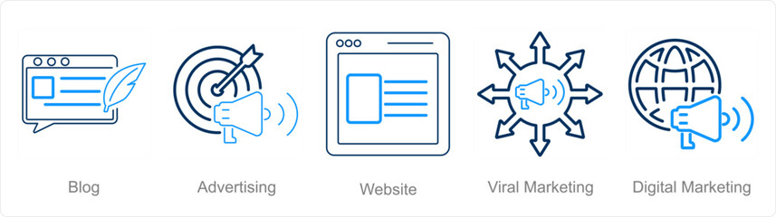 A set of 5 digital marketing icons as blog, advertising, website