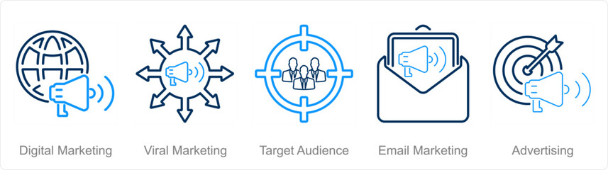 A set of 5 digital marketing icons as digital marketing, viral marketing, target audience