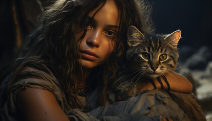 Recreation of a girl and her cat - obrazy, fototapety, plakaty