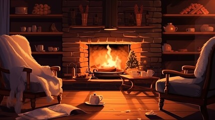 fireplace with burning logs in living room during the christmas - obrazy, fototapety, plakaty