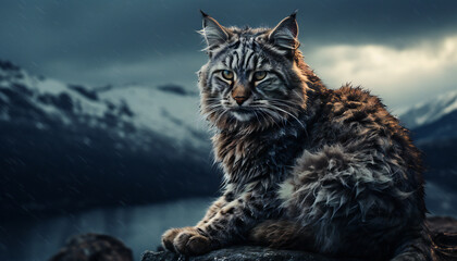 Recreation of a lynx on cold mountains - obrazy, fototapety, plakaty