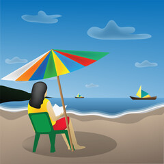 summer vacation, woman relaxing and reading on the beach, flat design illustration, beach, sky, umbrella, people, island, boat, sand, sea