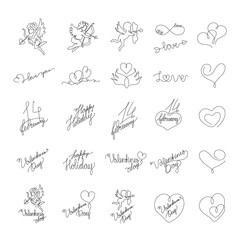 Love set, inspirational mini tattoo, heart an continuous line drawing, valentines inscription, mother day, hand lettering, print for clothes and logo design, isolated vector illustration.