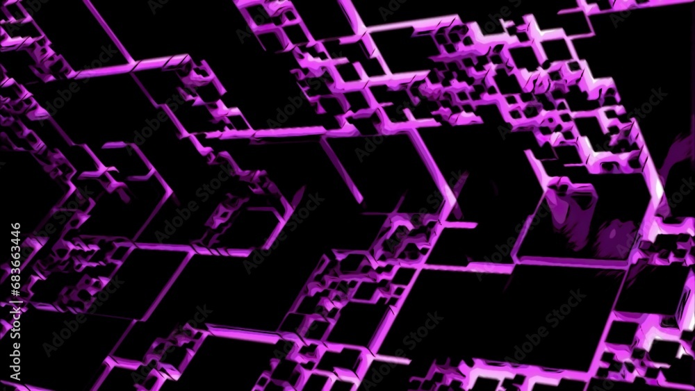 Poster moving space with cyber square pattern. design. neon pattern with squares in moving tunnel on black 