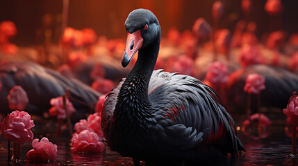 A Black Swan Circled by a Flock of Flamingos at Water Pond on Selective Focus Background