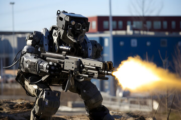 military humanoid combat robot concept firing weapon - obrazy, fototapety, plakaty