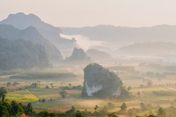 Morning landscape view of Phu Langka Mountain forest park in Phayao province Thailand Asia at sunrise with mist and fog in winter