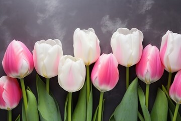 Tulips, flowers white and pink; on the grey background. generative ai.
