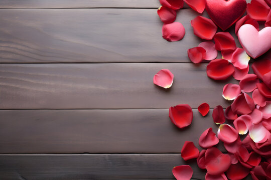 valentines day composition, flat lay petals on  wood top view background with copy space