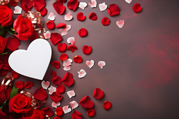 valentines day composition, flat lay flowers petals and heart top view background with copy space