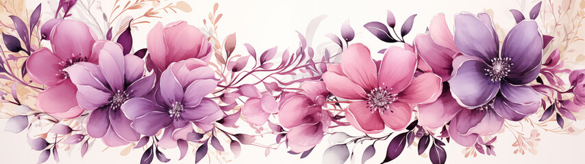 Banner a watercolor floral paper frame border, in the style of light purple and peach