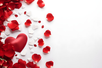 valentines day composition, flat lay hearts and petals top view background with copy space