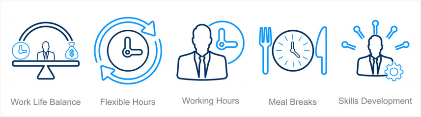 A set of 5 Employee Benefits icons as work life balance, flexible hours, working hours