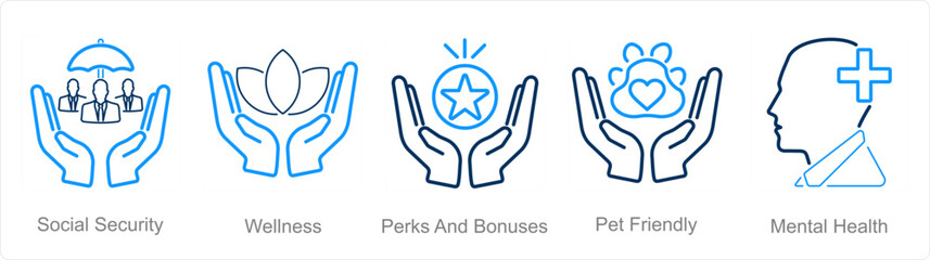 A set of 5 Employee Benefits icons as social security, wellness, perks and bounses