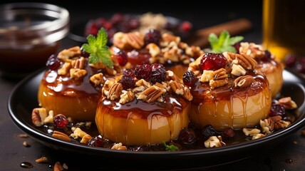 apple baked with honey, almonds, and raisins. backdrop made of wood. wholesome way of life.Concept of diet and weight loss. Dinner low in calories. B vitamin. Healthy food.
