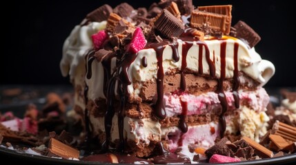An up-close shot capturing the delightful chaos of a melting ice cream cake, its layers of cake, ice cream, and frosting merging in a tantalizing mess.