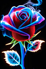 Fototapeta na wymiar Blue, red and purple neon rose with smoke