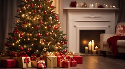 A warm and cozy Christmas tree with twinkling lights and presents in warm colors, creating a cozy atmosphere as the sun sets