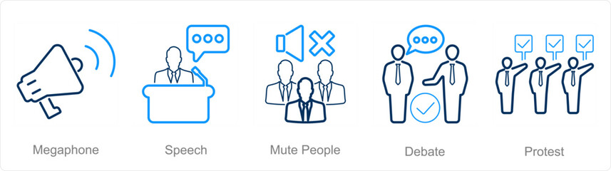 A set of 5 Freedom of Speech icons as megaphone, speech, mute people