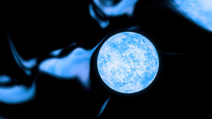 Mercury planet with blue radiation. Design. Glowing blue space body in galaxy.