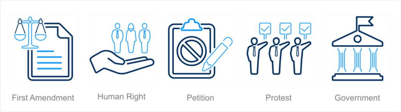 A set of 5 Freedom of Speech icons as first amendment, human right, petition