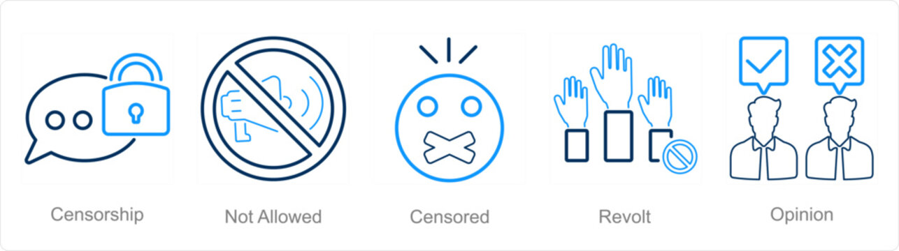 A set of 5 Freedom of Speech icons as censorship, not allowed, censored