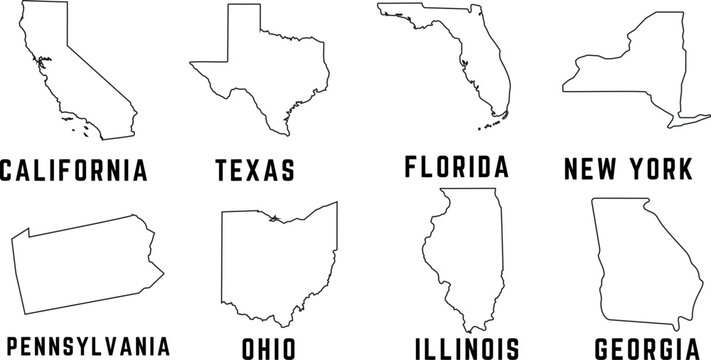 US States outline Vector Illustration, featuring California, Texas, Florida, New York, Pennsylvania, Ohio, Illinois, Georgia. Black and white outlines, perfect for educational, travel, tourism purpose