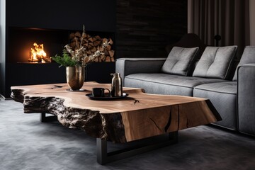 coffee table between two sofas by fireplace, Scandinavian home interior design of modern living room in house in forest