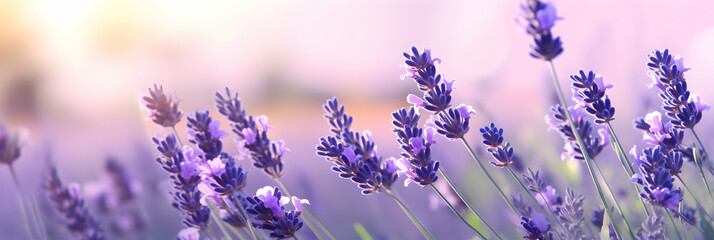 Amazing beautiful colorful natural scenery. Lavender flowers rays of summer sunlight in spring outdoors on nature macro, soft focus. Atmospheric banner header with copy space. Generative ai.