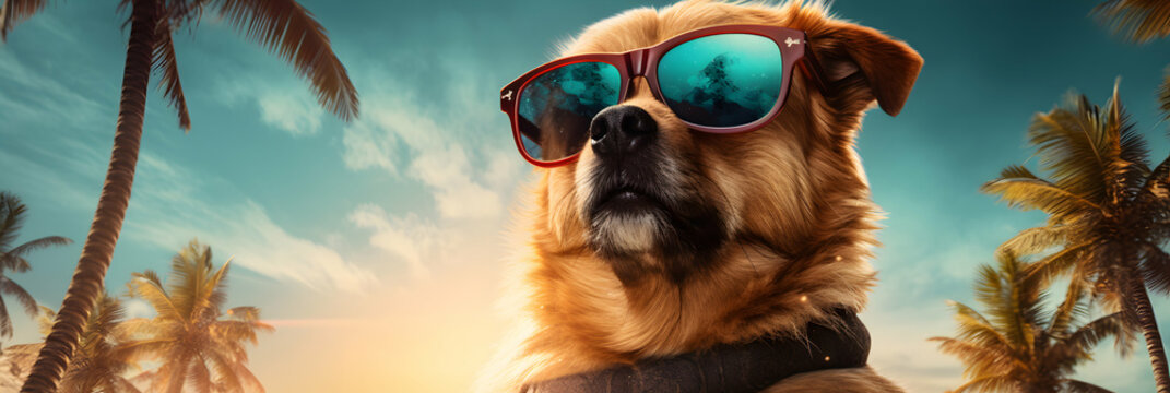 Dog in sunglasses on a tropical background with palm trees sun and sky. Free copy space. Advertisement banner. Generative ai.