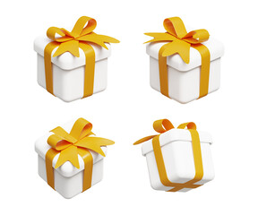 3D set of gift boxes. Special event. Icon for birthday, wedding, anniversary, valentine, christmas or new year gift. White gift boxes with golden ribbons. 3d illustration