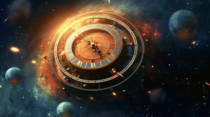 Clock in space time concept - obrazy, fototapety, plakaty