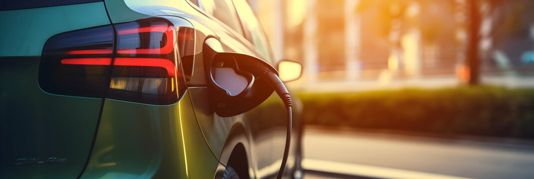 Modern electric car during charging, macro shot, wide header, generative ai