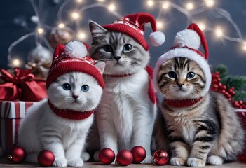 Cat kittens in Christmas costumes. Cute cats Christmas background. Festive Christmas background....