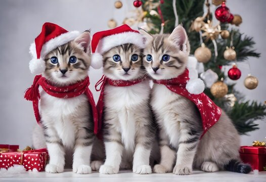 Cats in Christmas costumes. Cute cats Christmas background. Festive Christmas background. Generative AI.