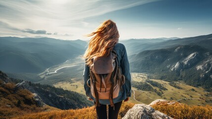 Young woman from behind looking at the horizon from the top of a mountain. He carries a backpack on his back. Nature. Healthy. Lifestyle. Image generated with AI
