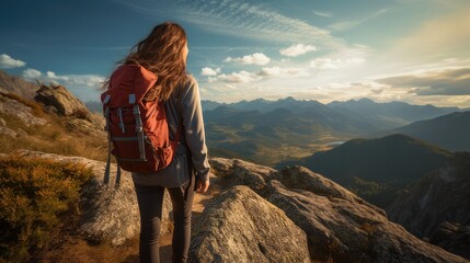 Young woman from behind looking at the horizon from the top of a mountain. He carries a backpack on his back. Healthy. Lifestyle. Nature. Image generated with AI