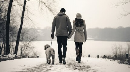 
Black and white photography of a couple walking with their dog in a snowy winter landscape. Image generated with AI