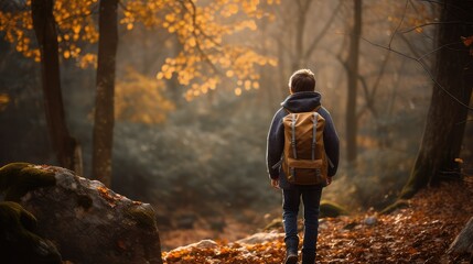 Photograph of a young boy from behind walking through the forest in autumn with a backpack on his back. Lifestyle. Nature. Hike Image generated with AI
