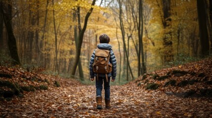 Photograph of a boy from behind walking through the forest in autumn with a backpack on his back. Hike. Lifestyle. Nature. Image generated with AI