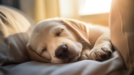 Labrador retriever puppy sleeping relaxed on a bed. Image generated with AI