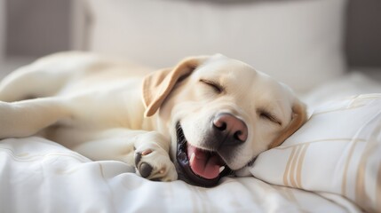 Labrador retriever dog sleeping peacefully in a bed. Image generated with AI - obrazy, fototapety, plakaty