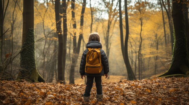 Photograph of a young boy from behind walking through the forest in autumn with a backpack on his back. Hike. Nature. Lifestyle. Image generated with AI