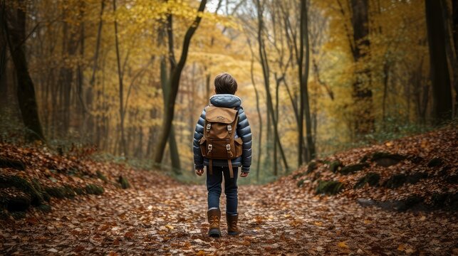 Photograph of a boy from behind walking through the forest in autumn with a backpack on his back. Hike. Lifestyle. Nature. Image generated with AI