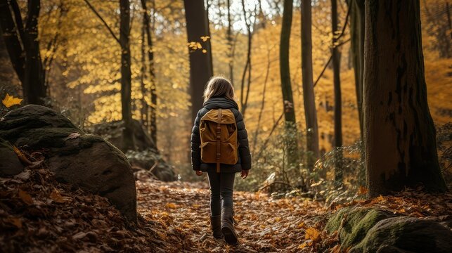 Photograph of a young boy from behind walking through the forest in autumn with a backpack on his back. Hike. Lifestyle. Nature. Image generated with AI