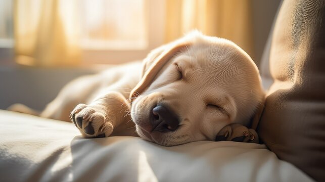 Labrador retriever puppy sleeping peacefully in a bed. Image generated with AI