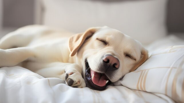 Labrador retriever dog sleeping peacefully in a bed. Image generated with AI