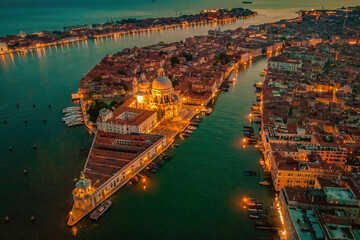 Venice from above with drone, Aerial drone photo of iconic and unique Saint Mark's Square or Piazza San Marco featuring Doge's Palace, Basilica, and Campanile, Venice, Italy. Europe - obrazy, fototapety, plakaty