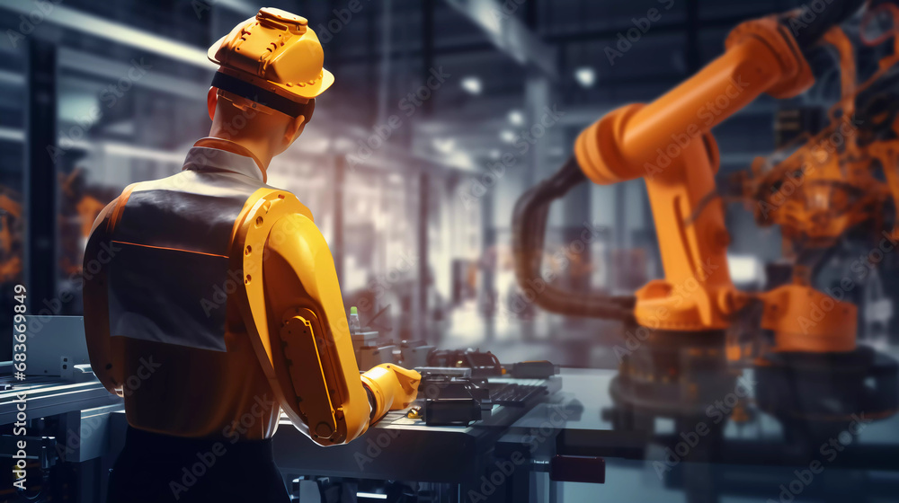 Poster manager engineer check and control automation robot arms machine in intelligent factory industrial o